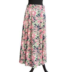 Vintage 80s Evan Picone skirt - Navy with pink roses - midi - pockets - size M